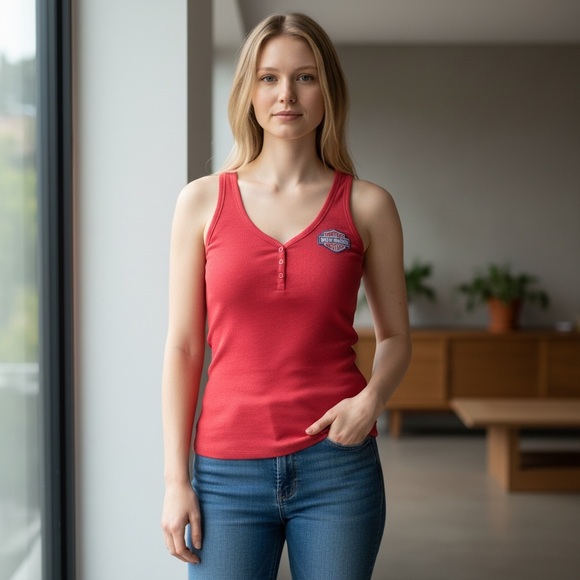 Harley-Davidson Tops - Harley-Davidson Red Fitted Buttoned Tank Top